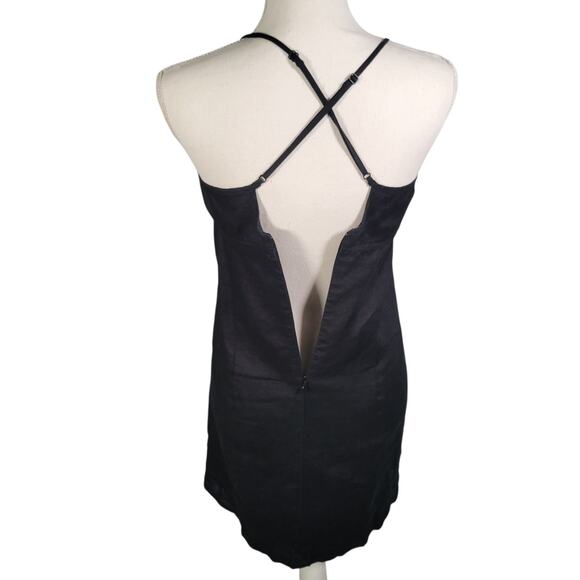 Old Navy Linen Mini Slip Dress Black Crisscross Back Lined Adjustable 4 Y2K Vtg - Picture 2 of 9